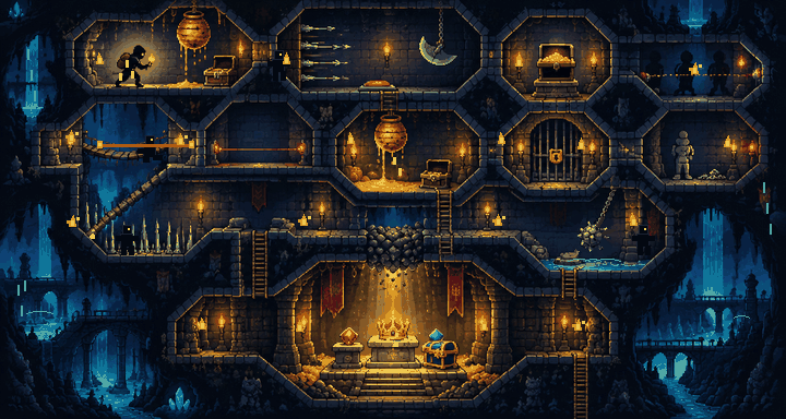 Pixel-art intruders already inside a honeycomb deception lair, caught by arrows, a laser, spikes, and a swinging mace