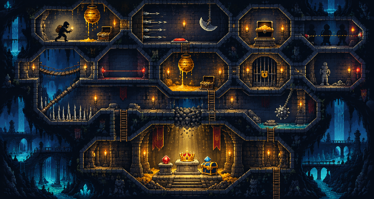 An 8-bit subterranean honeycomb lair filled with traps, decoys, honeypots, and crown jewels hidden deep inside a labyrinth